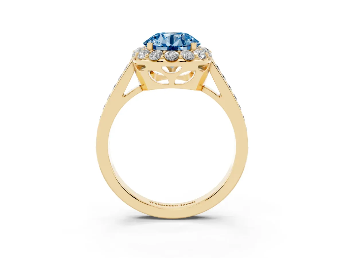 Fancy Blue Round Cut Diamond Floral Halo Ring with Pavé Band and Prong Setting Yellow gold