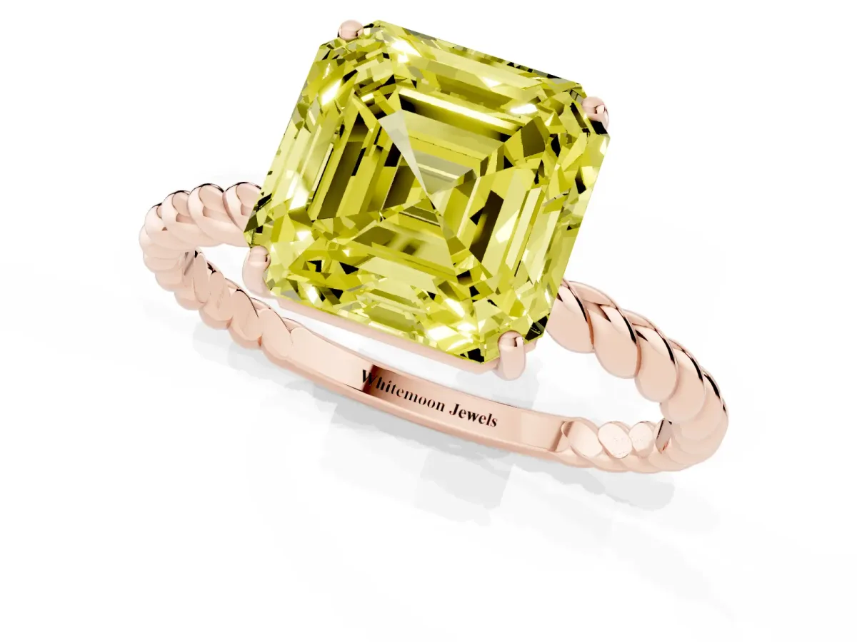 Fancy Yellow Asscher Cut Solitaire Twist Band Ring with Four-Prong Setting Rose gold