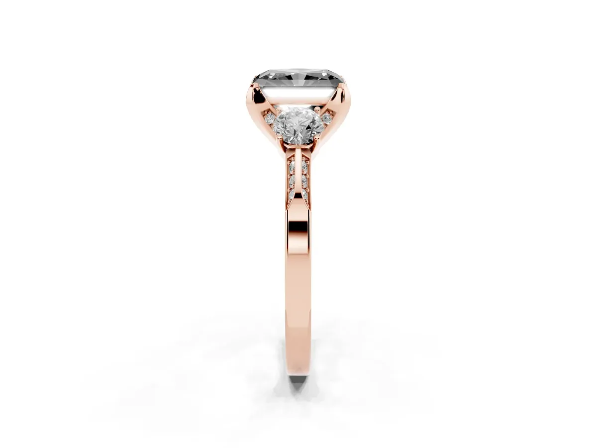 Fancy Black Radiant Cut Brilliant Three-Stone Diamond Ring with Pavé Band and Four-Prong Setting Rose gold