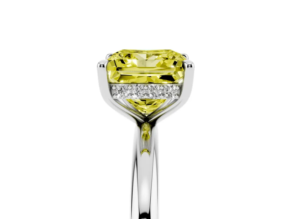 Fancy Yellow Princess Cut Diamond Solitaire Ring with Thin Band and Four-Prong Setting Platinum