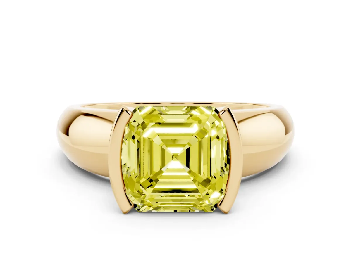 Fancy Yellow Asscher Cut Solitaire Tension Set Diamond Ring with Wide Band Yellow gold