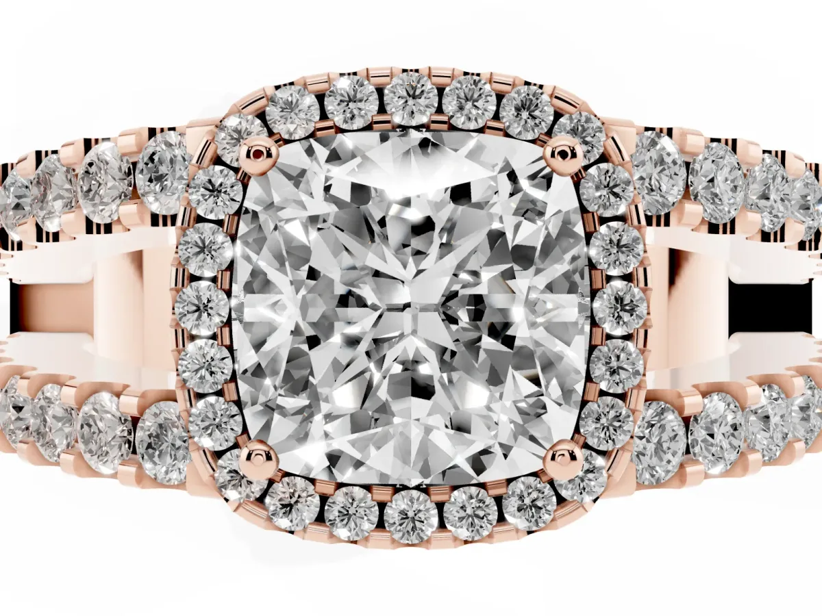 Cushion Cut Cut Halo Split Shank Diamond Ring with Four-Prong Setting Rose gold