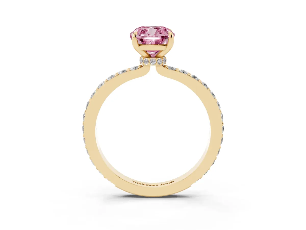 Fancy Pink Cushion Cut Diamond Pavé Engagement Ring with Round Accents and Prong Setting Yellow gold