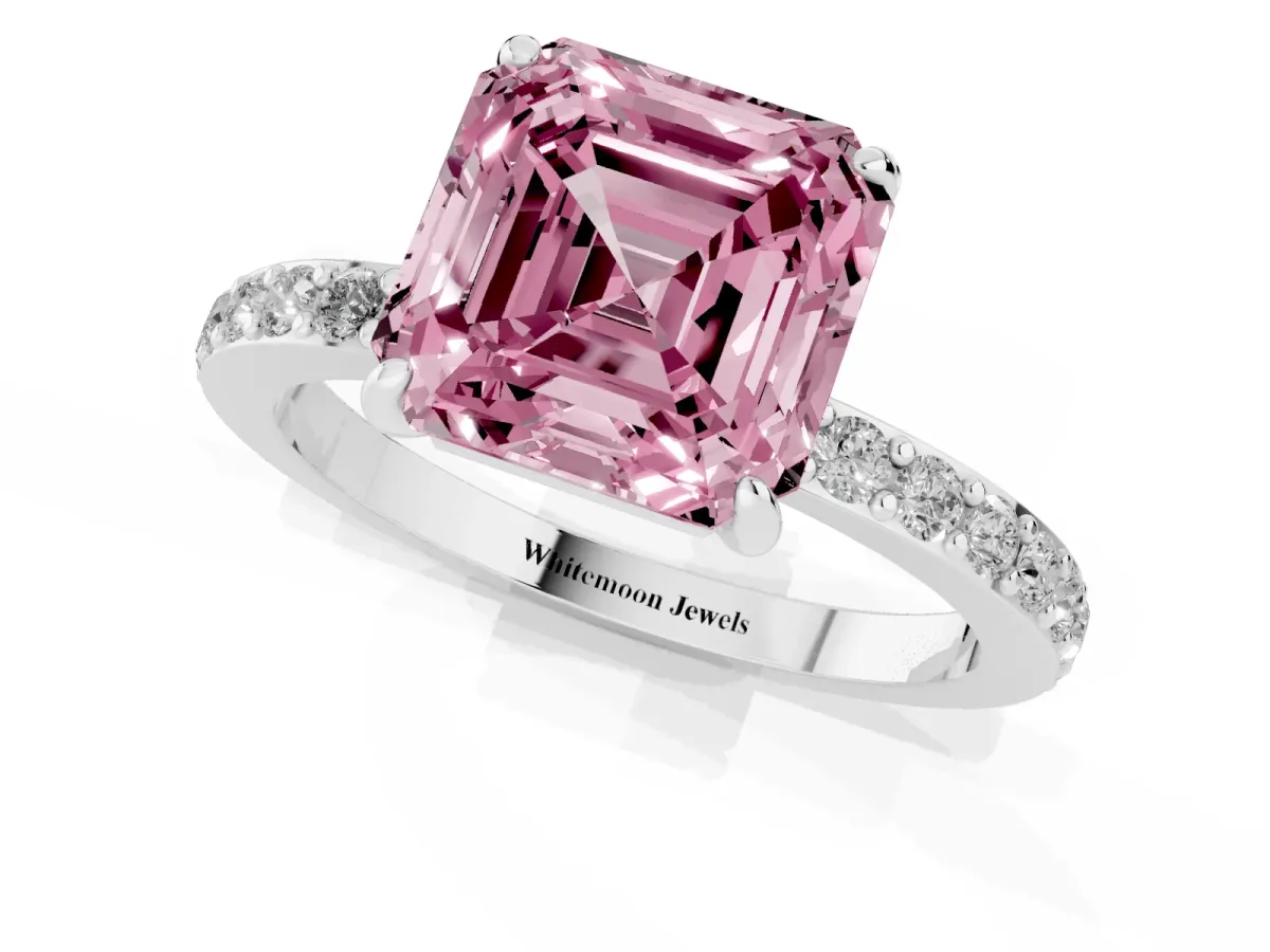 Fancy Pink Asscher Cut Diamond Pavé Engagement Ring with Round Accents and Prong Setting White gold