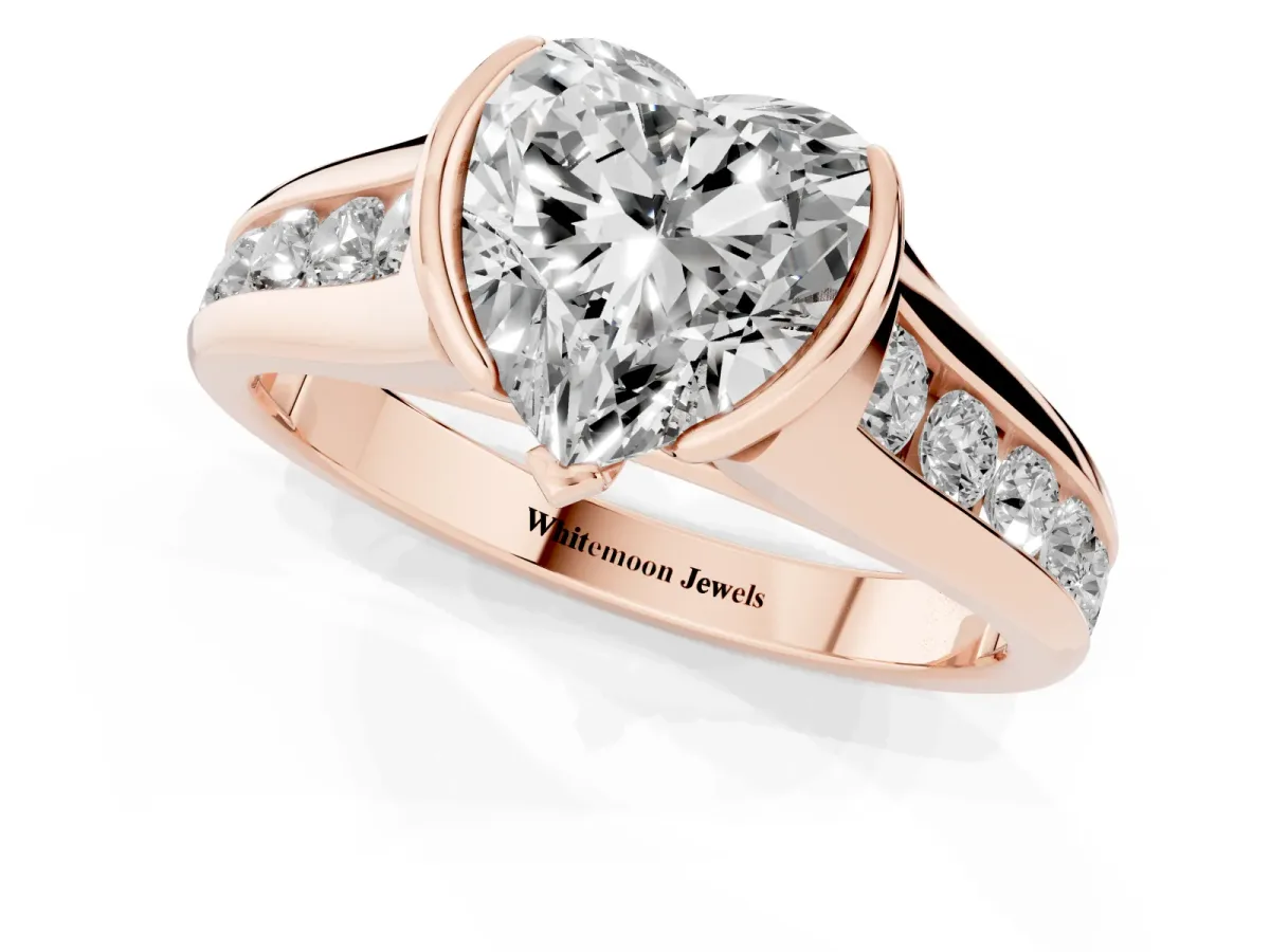 Heart Cut Solitaire Bezel-Set Diamond Ring with Channel-Set Band Rose gold