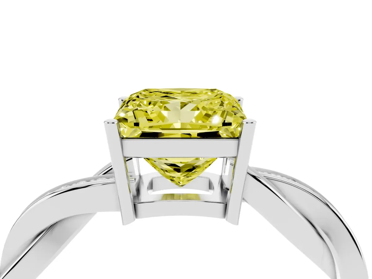 Fancy Yellow Princess Cut Solitaire Twisted Pave Diamond Ring with Four-Prong Setting Silver