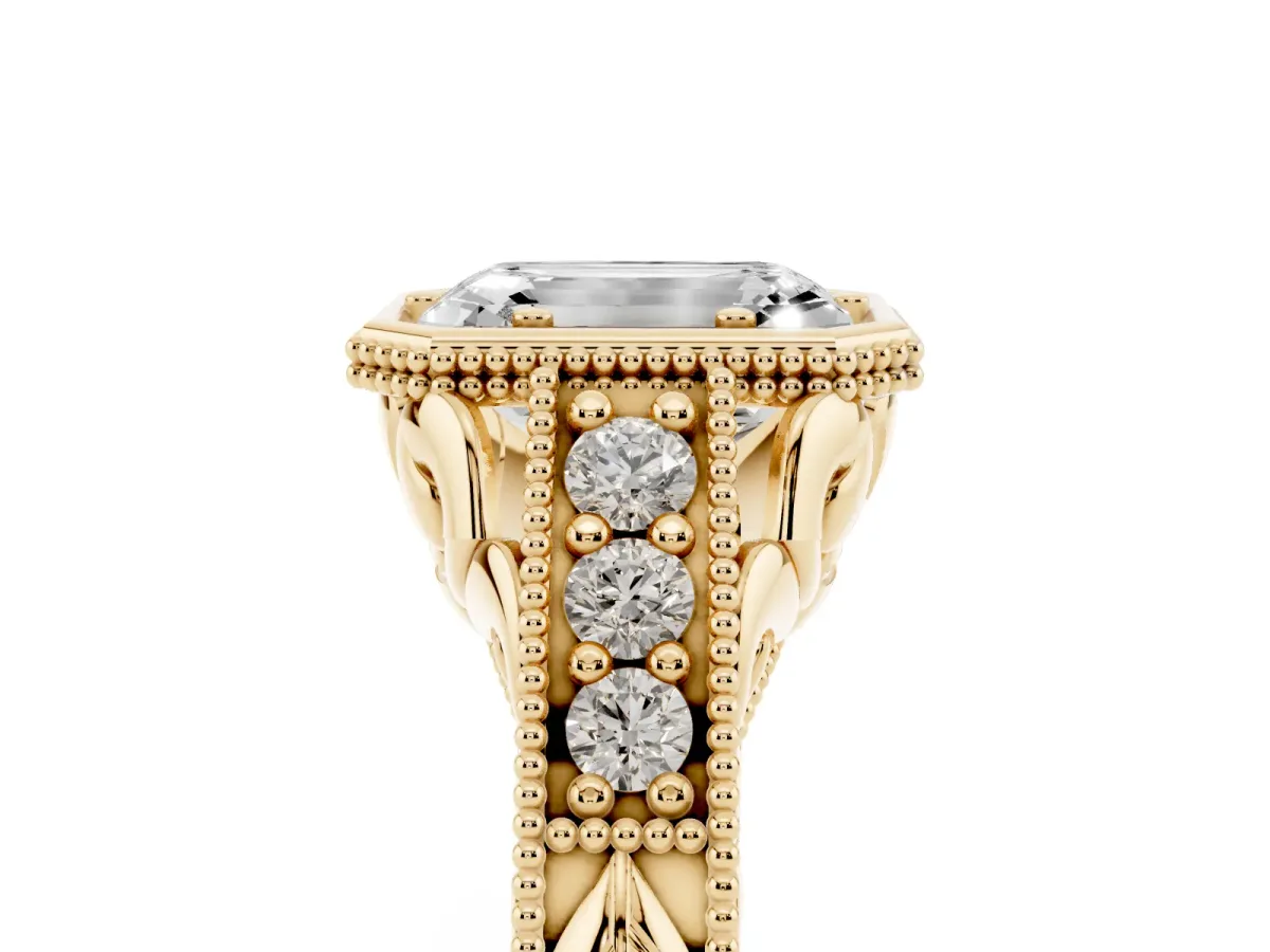 Bezel Set Emerald Cut Diamond Milgrain Pave Engagement Ring Yellow gold