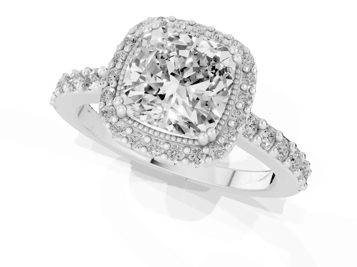 Cushion Cut Cut Diamond Halo Engagement Ring with Milgrain Detail and Pavé Band Silver