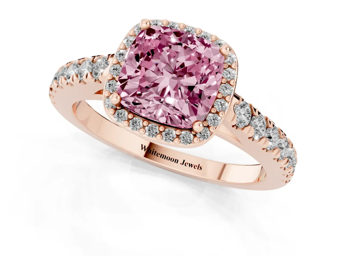 Fancy Pink Cushion Cut Cut Halo Diamond Engagement Ring with Pave Band and Four-Prong Setting Rose gold
