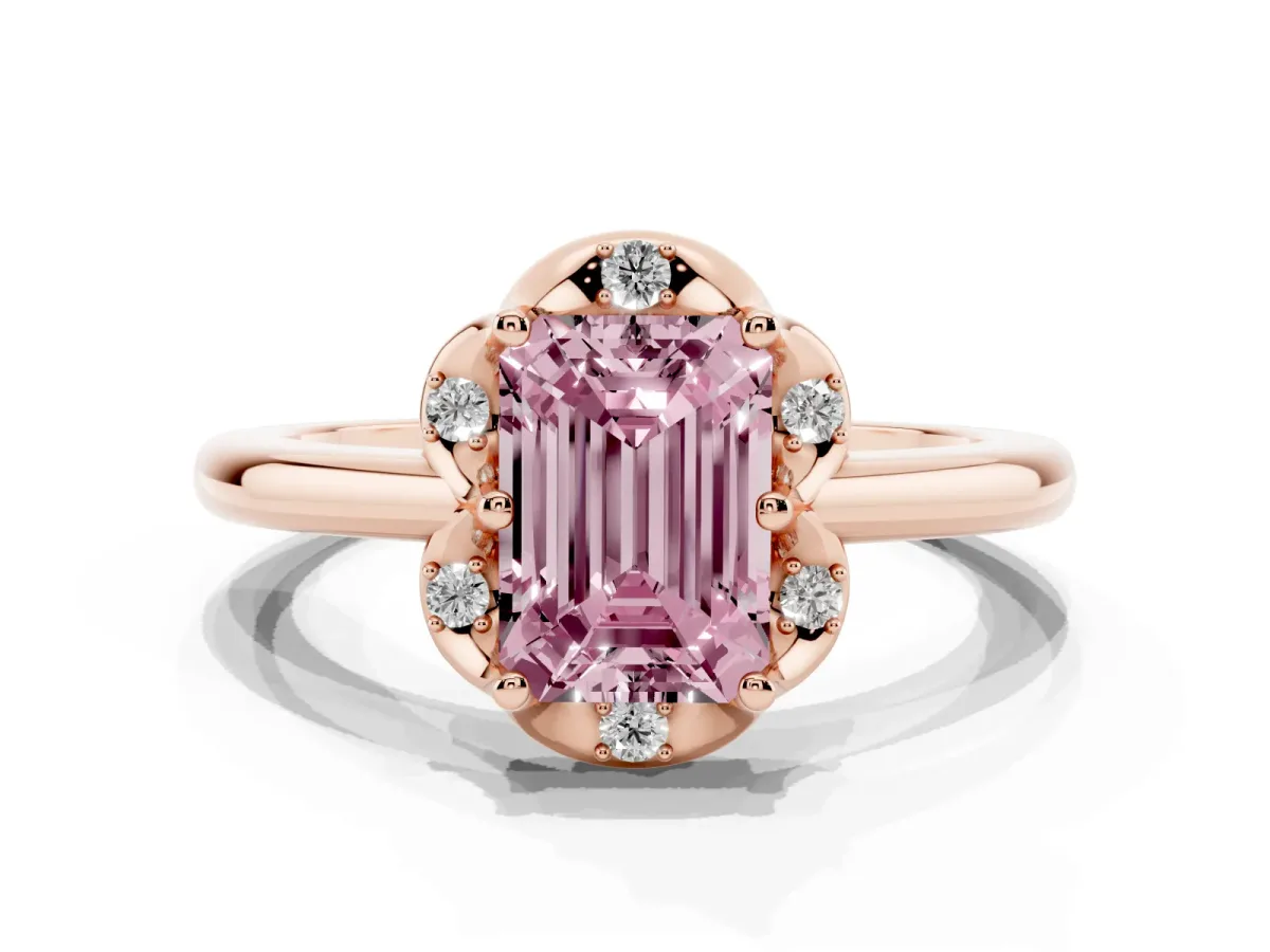 Fancy Pink Emerald Cut Halo Diamond Ring with Round Cluster Setting, Solitaire Band, and Four-Prong Setting Rose gold