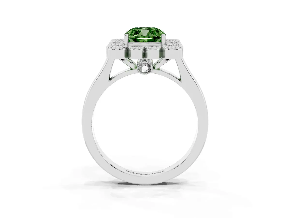 Fancy Green Cushion Cut Halo Diamond Cluster Engagement Ring with Milgrain Bezel Setting and Solitaire Band Platinum