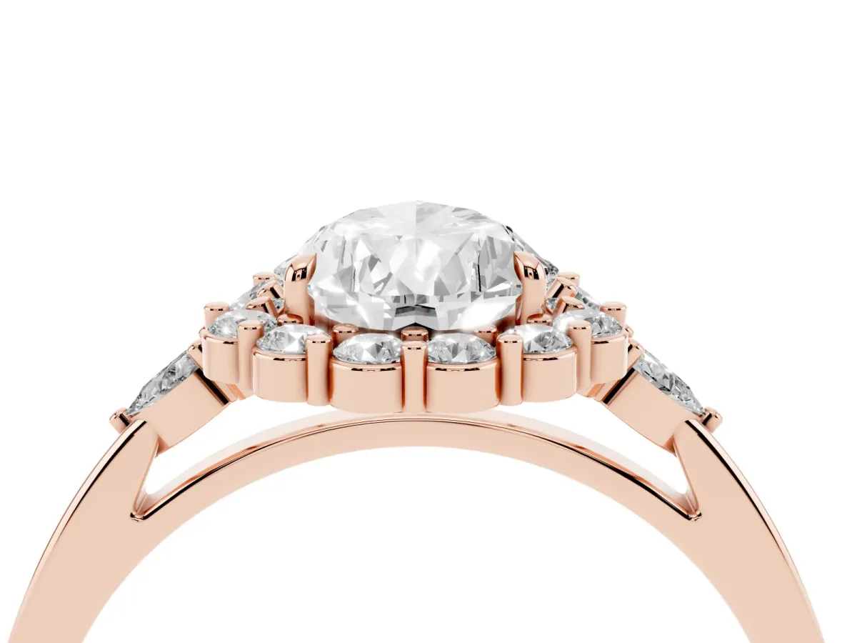 Pear Cut Diamond Halo Ring with Pear Side Stones and Prong Setting Rose gold