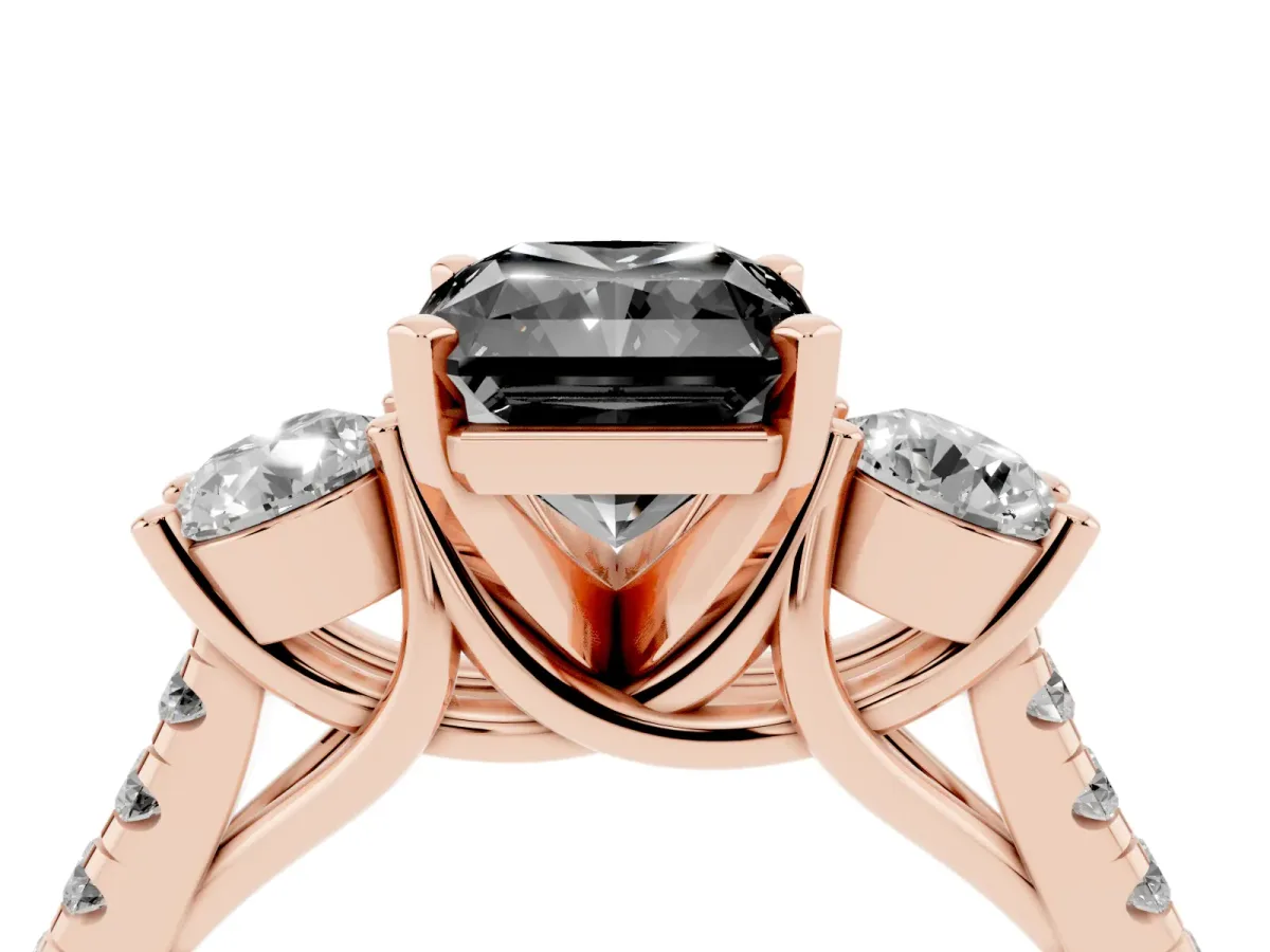 Fancy Black Three-Stone Radiant Cut Diamond Pavé Band with Four-Prong Setting Rose gold