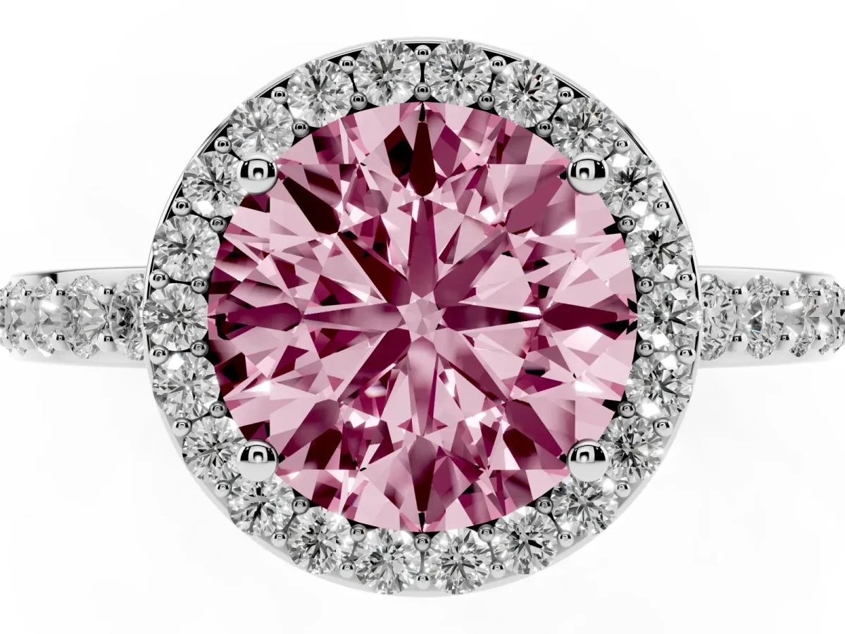 Fancy Pink Round Cut Halo Diamond Pavé Band Ring with Prong Setting Silver