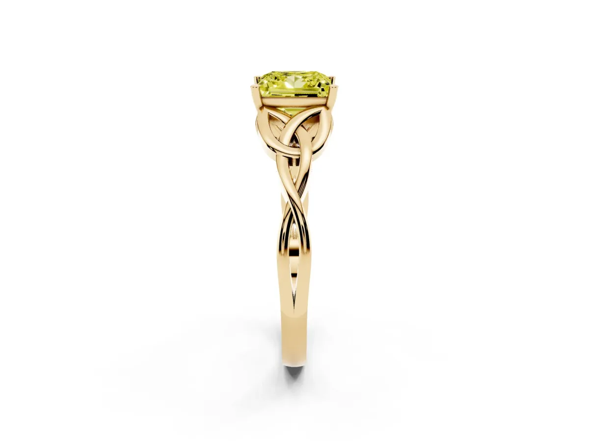 Fancy Yellow Princess Cut Diamond Solitaire Engagement Ring with Celtic Knot Band and Four-Prong Setting Yellow gold