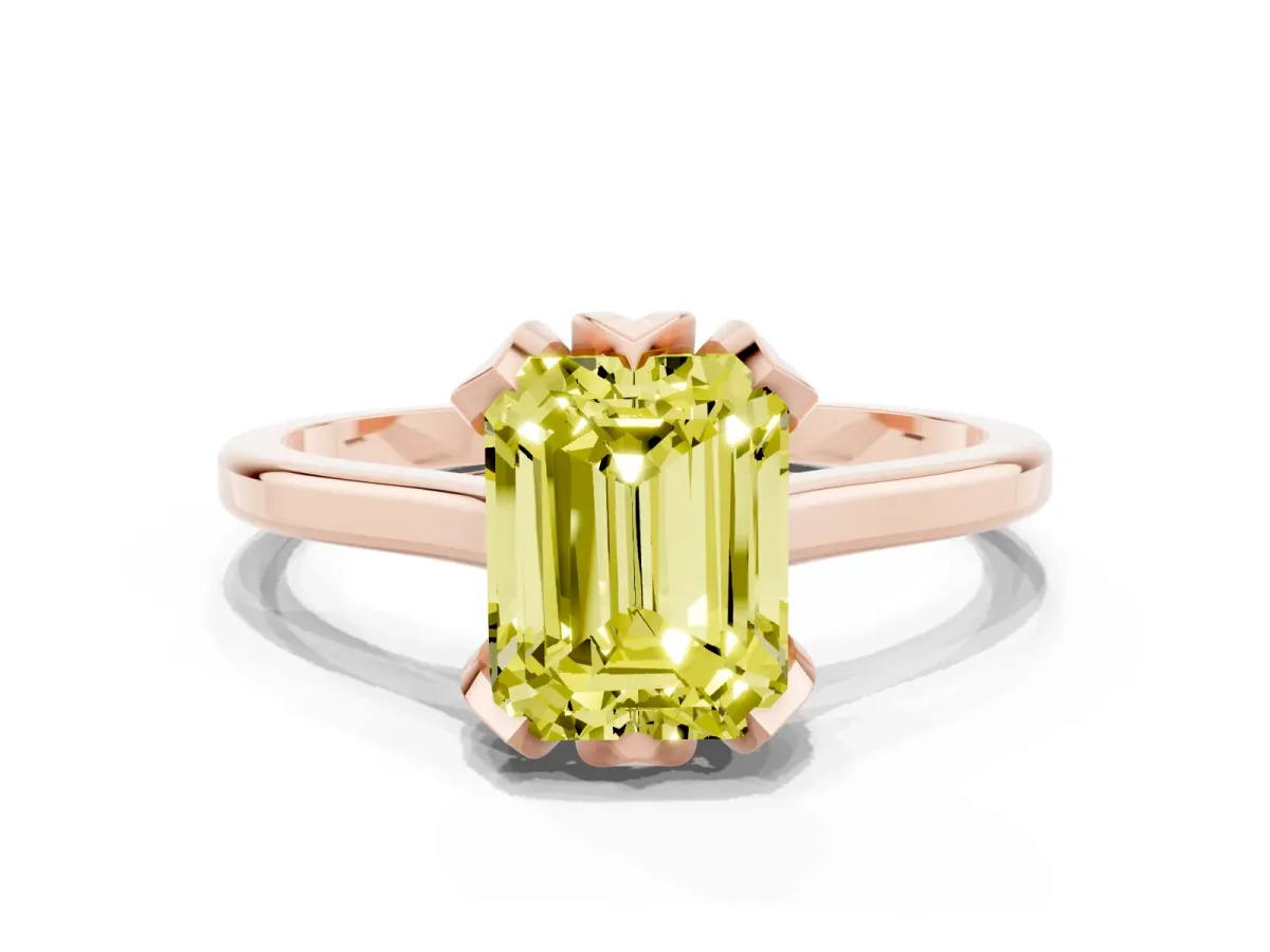 Fancy Yellow Emerald Cut Diamond Solitaire Ring with Flower Prong Setting and Classic Band Rose gold