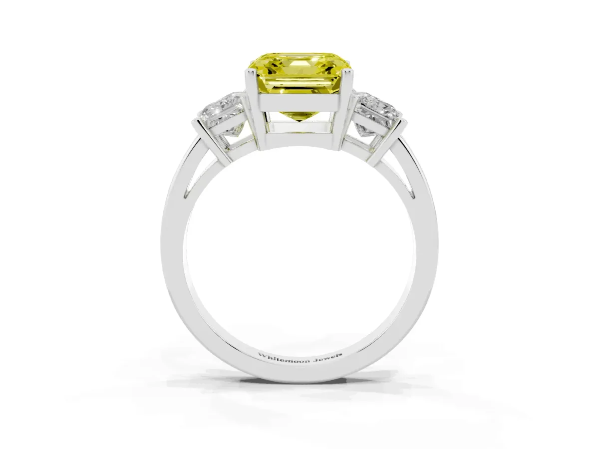 Fancy Yellow Three-Stone Asscher Cut Cut Solitaire Ring with Prong Setting Platinum