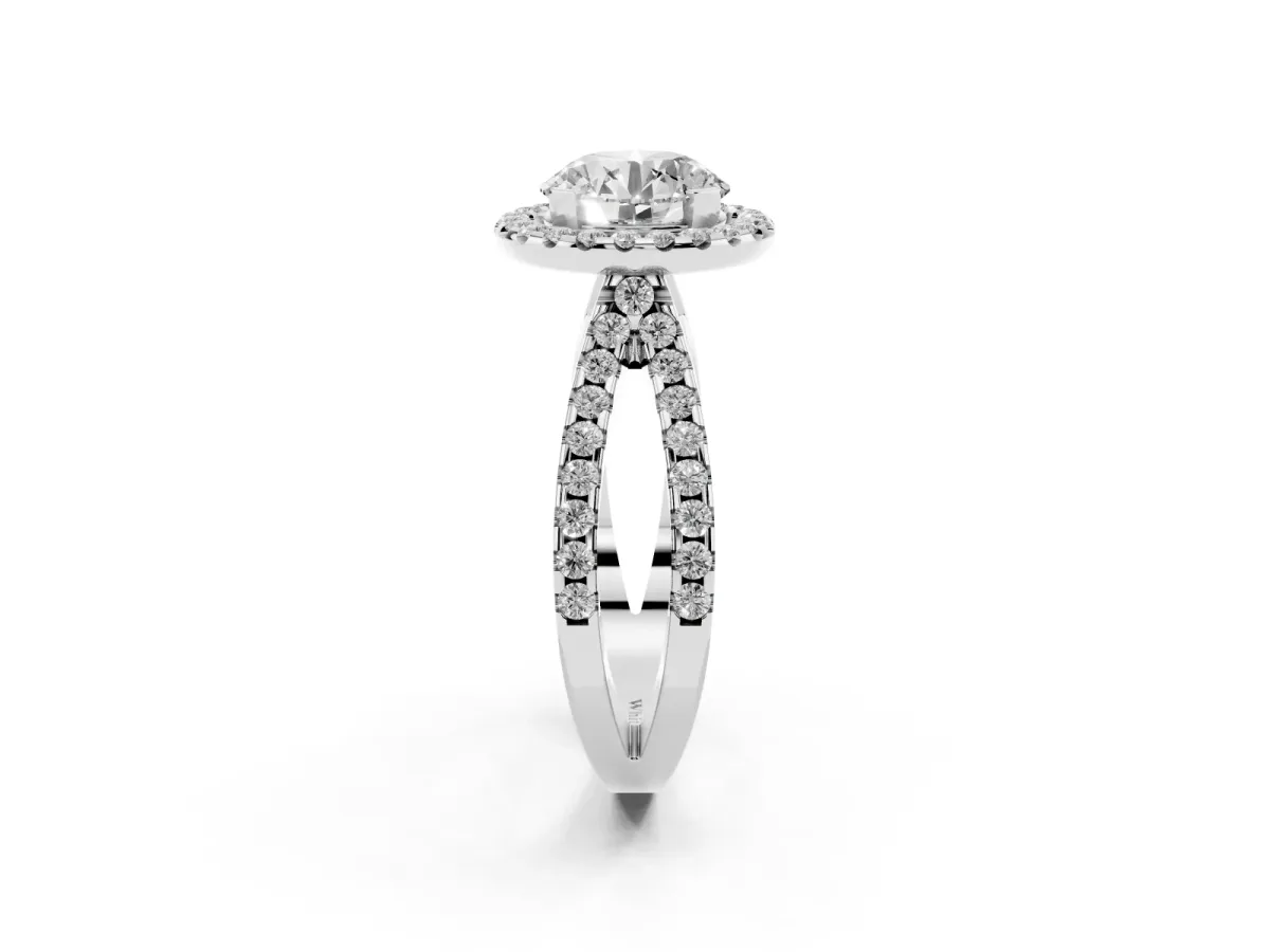 Round Cut Diamond Halo Ring with Split Shank Pavé Band and Prong Setting Platinum