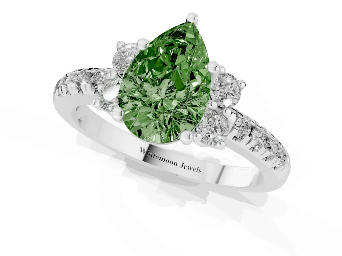 Fancy Green Pear Cut Diamond Three-Stone Pave Band with Four-Prong Setting Silver