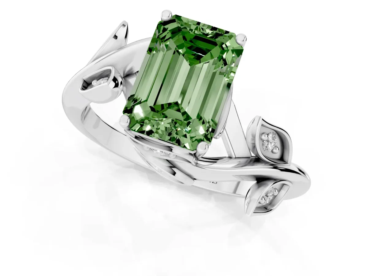 Fancy Green Emerald Cut Solitaire Twist Engagement Ring with Leaf Accents and Prong Setting Silver