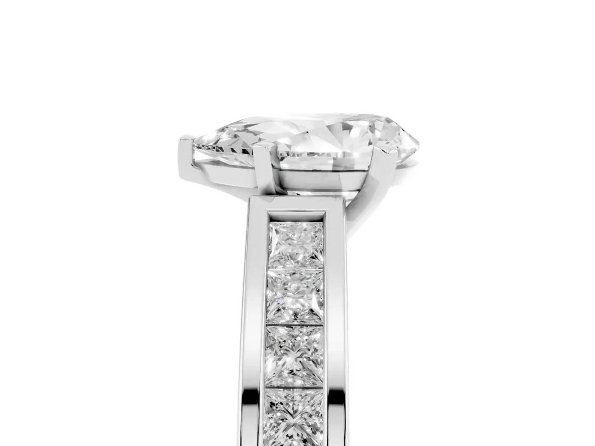 Pear Cut Solitaire Diamond Ring with Channel-Set Band and Four-Prong Setting Silver