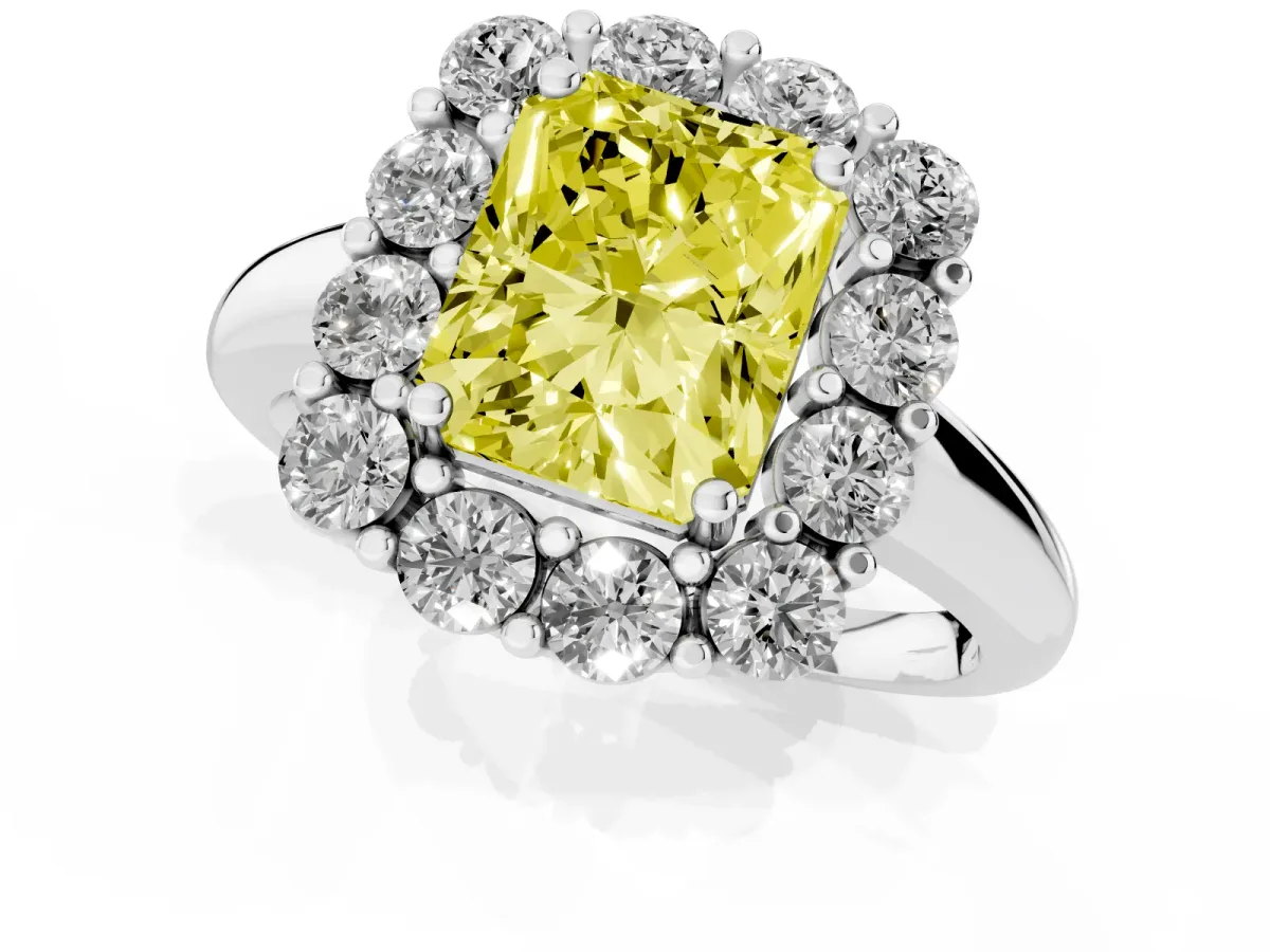 Fancy Yellow Radiant Cut Halo Cluster Diamond Engagement Ring with Prong Setting and Polished Band Platinum