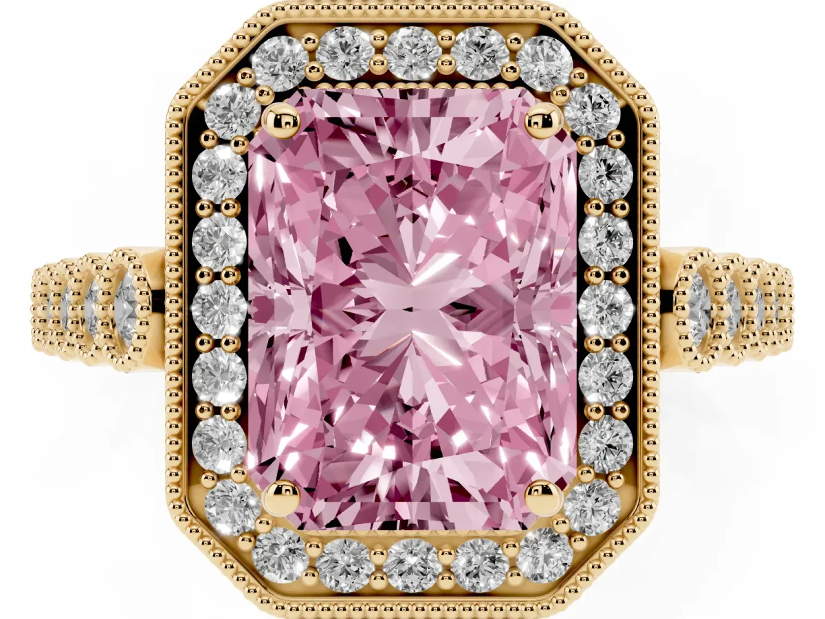 Fancy Pink Radiant Cut Halo Milgrain Solitaire with Bezel Set Side Stones and Pave Band Yellow gold