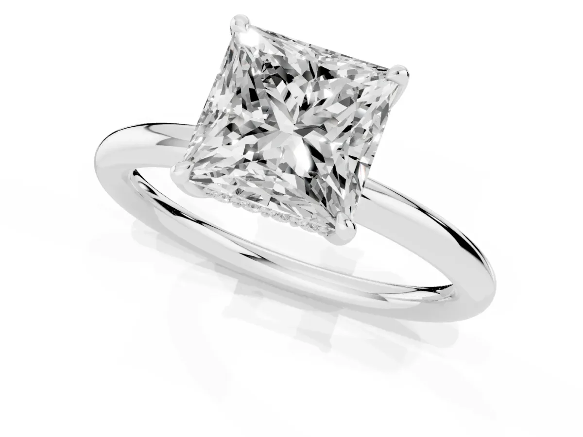 Princess Cut Diamond Solitaire Ring with Thin Band and Four-Prong Setting Silver