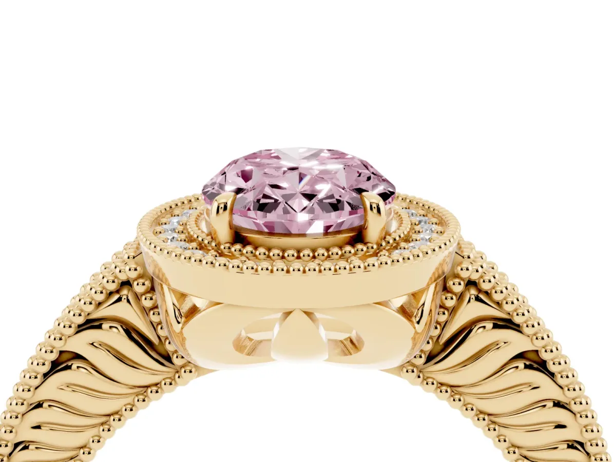 Fancy Pink Oval Cut Cut Halo Diamond Ring with Pavé Band and Four-Prong Setting Yellow gold