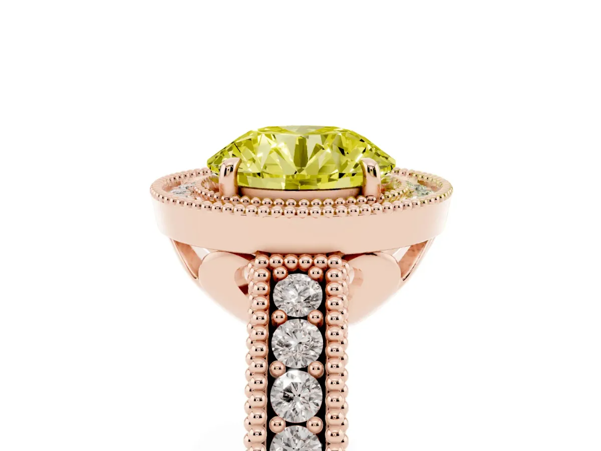 Fancy Yellow Round Cut Cut Halo Diamond Ring with Pavé Band and Four-Prong Setting Rose gold