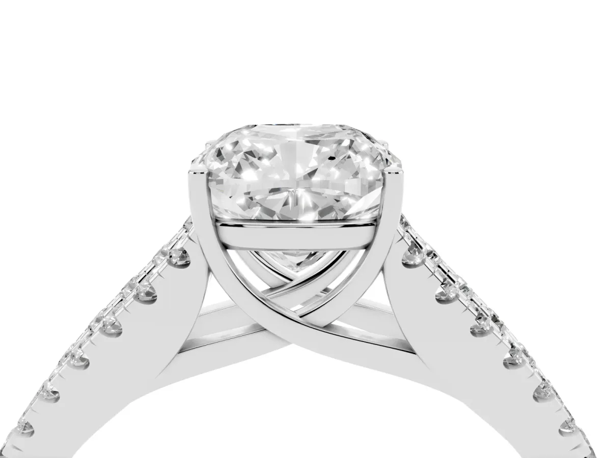 Cushion Cut Diamond Split Shank Pavé Engagement Ring with Four-Prong Setting Platinum