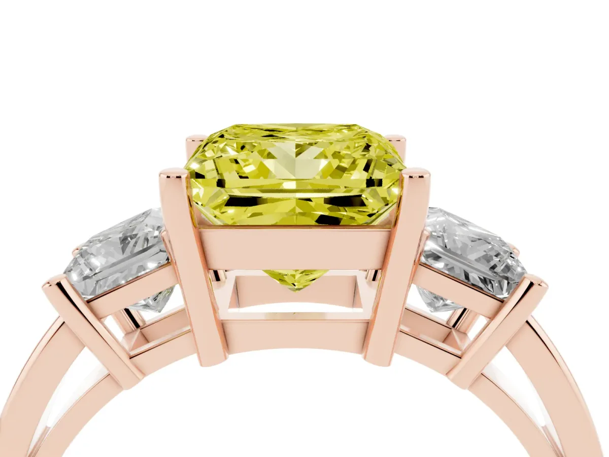 Fancy Yellow Three-Stone Princess Cut Cut Solitaire Ring with Prong Setting Rose gold