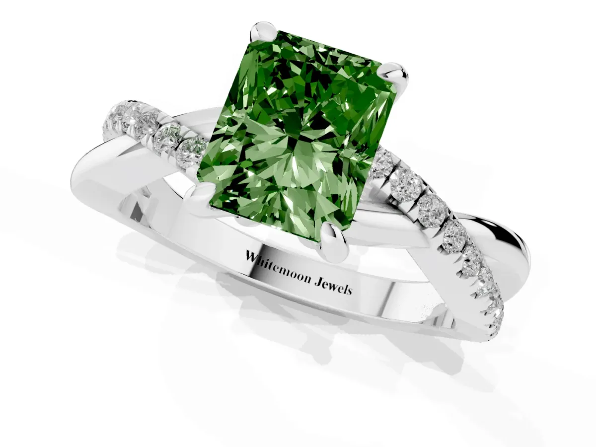 Fancy Green Radiant Cut Cut Diamond Twist Band Solitaire with Prong Setting Silver
