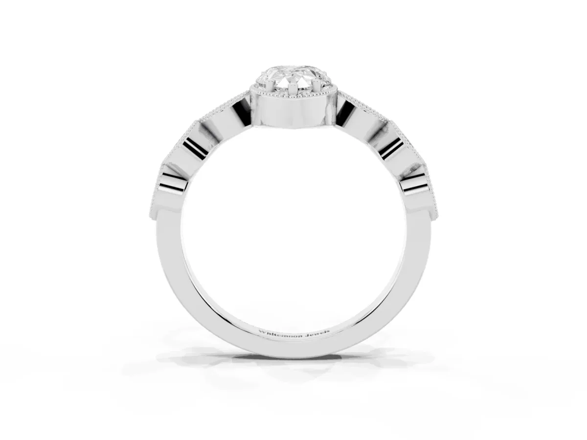 Pear Cut Diamond Vintage Milgrain Ring with Round Stations Silver