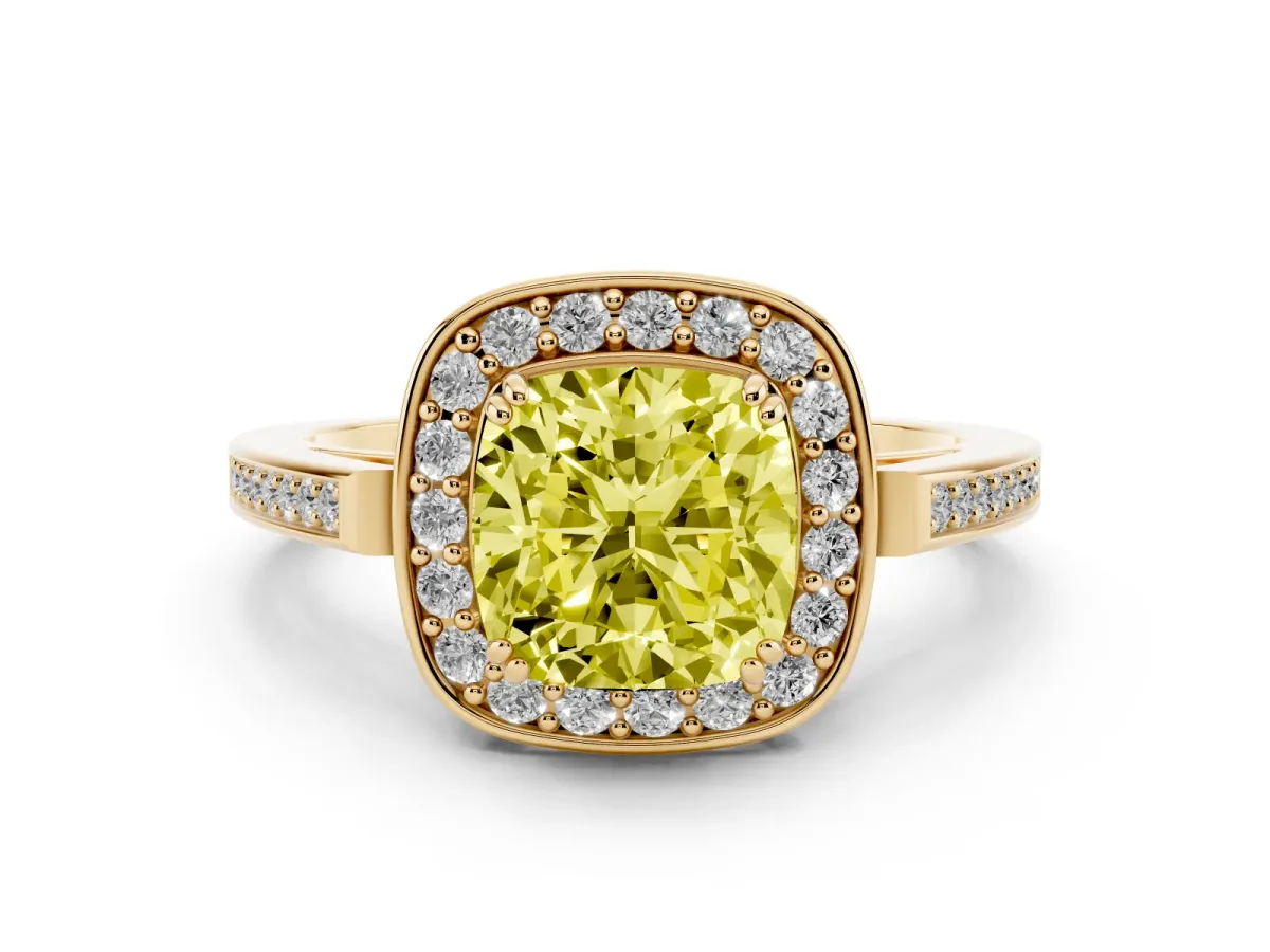 Fancy Yellow Cushion Cut Diamond Halo Ring with Split Shank and Four-Prong Setting Yellow gold