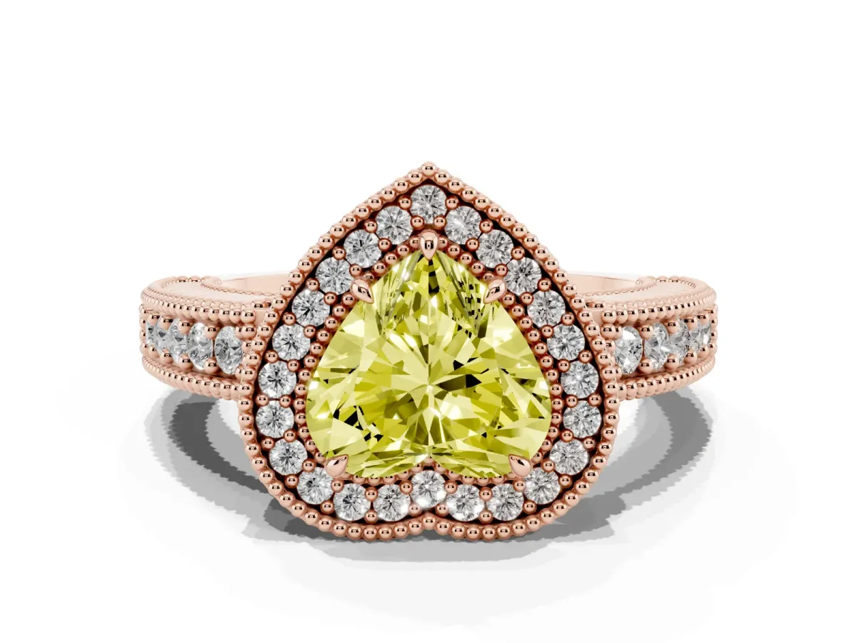 Fancy Yellow Heart Cut Cut Halo Diamond Ring with Pavé Band and Four-Prong Setting Rose gold