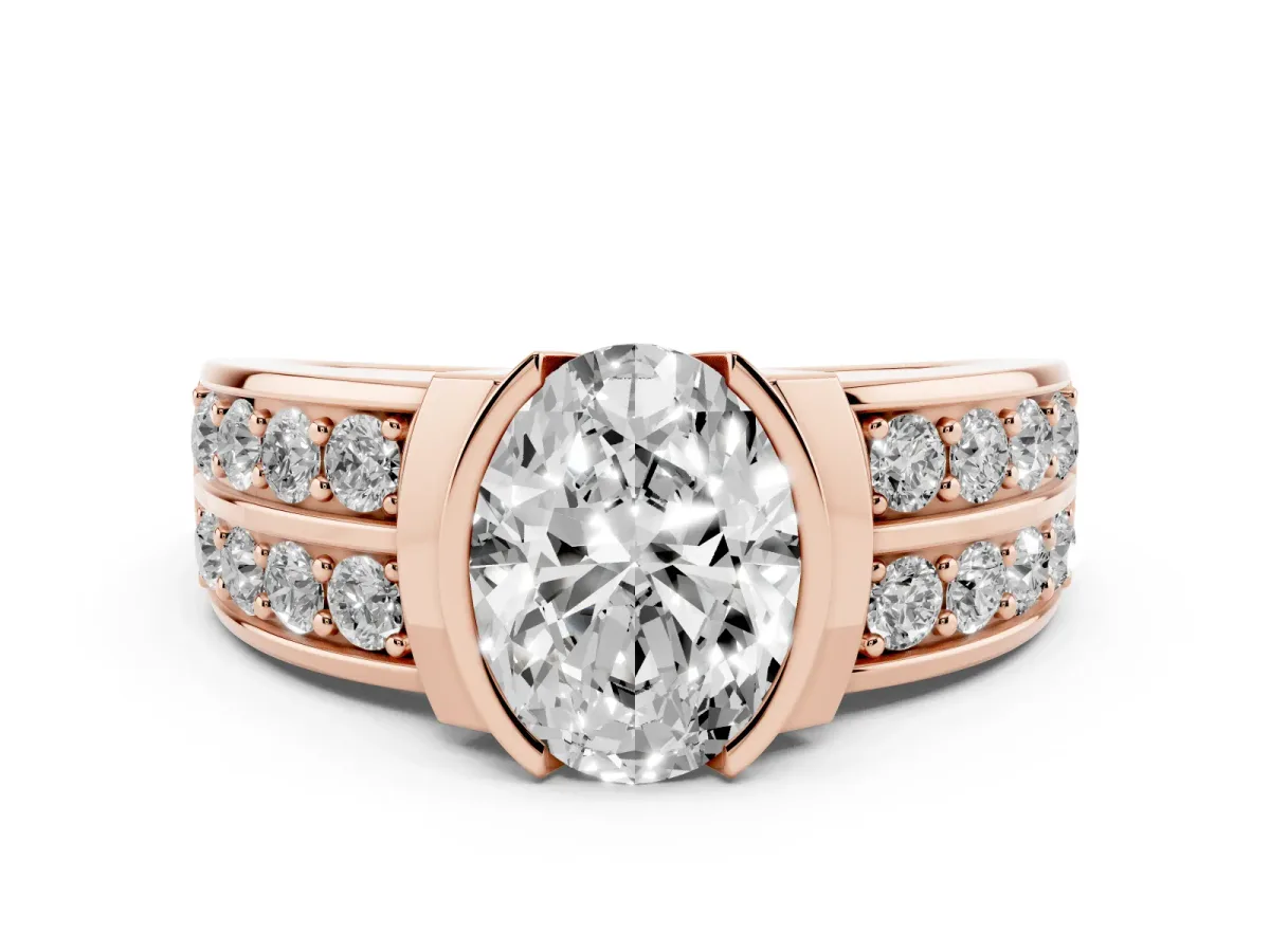 Oval Cut Brilliant Diamond Channel Set Wide Band Ring with Bezel Setting Rose gold