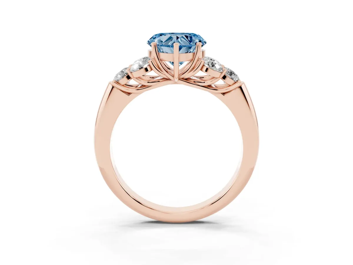 Fancy Blue Heart Cut Cut Diamond Cluster Ring with Round Accent Stones and Prong Setting on a Classic Band Rose gold