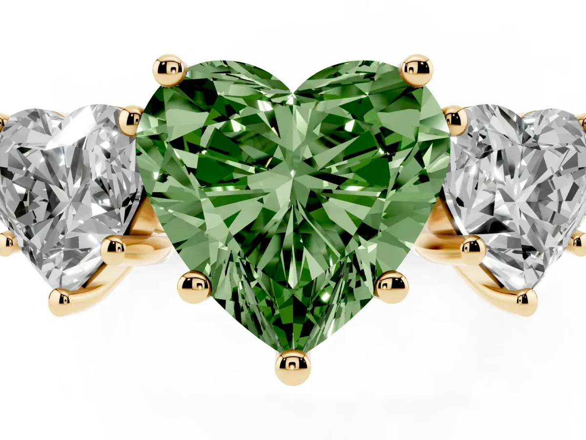 Fancy Green Three-Stone Heart Cut Diamond Ring with Round Pavé Band and Prong Setting Yellow gold