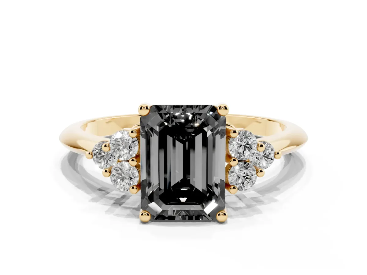 Fancy Black Emerald Cut Cut Diamond Cluster Ring with Solitaire Band and Four-Prong Setting Yellow gold
