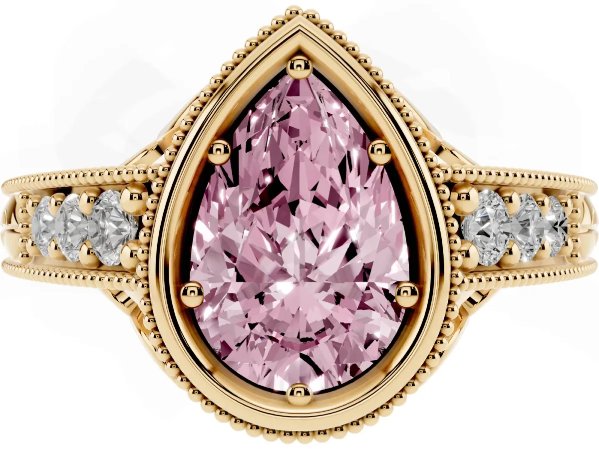 Fancy Pink Bezel Set Pear Cut Diamond Milgrain Pave Engagement Ring Yellow gold