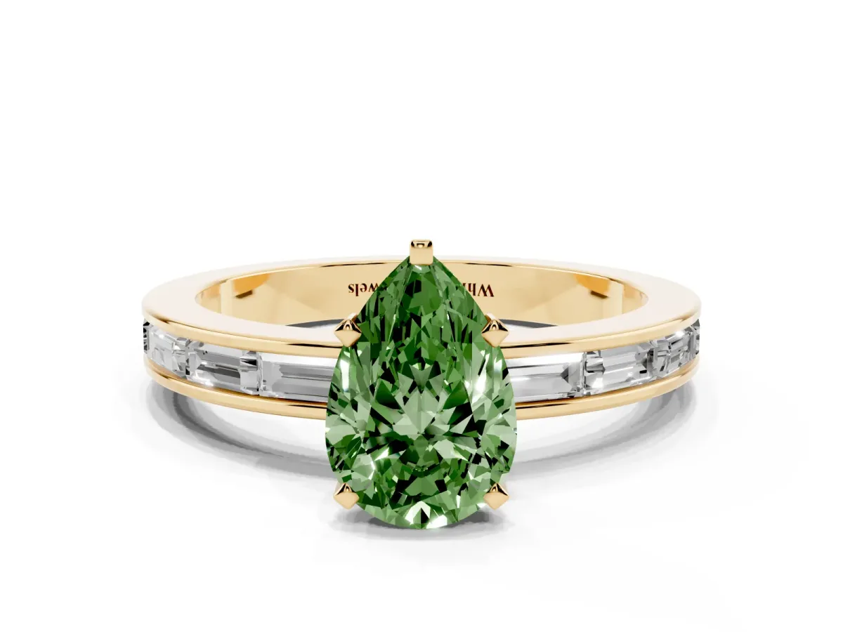 Fancy Green Pear Cut Solitaire Diamond Ring with Channel-Set Baguette Band and Four-Prong Setting Yellow gold