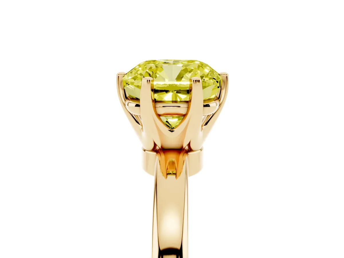 Fancy Yellow Cushion Cut Solitaire Diamond Ring with Six-Prong Setting on a Classic Band Yellow gold