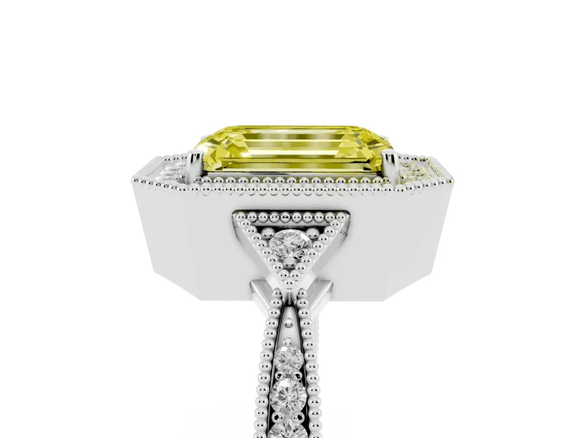 Fancy Yellow Emerald Cut Halo Round Diamond Milgrain Pave Engagement Ring Silver