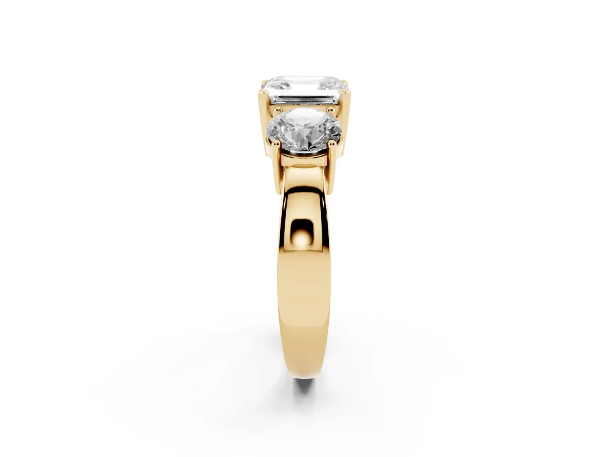 Three-Stone Asscher Cut Diamond Ring with Round Side Stones, Classic Band, and Four-Prong Setting Yellow gold