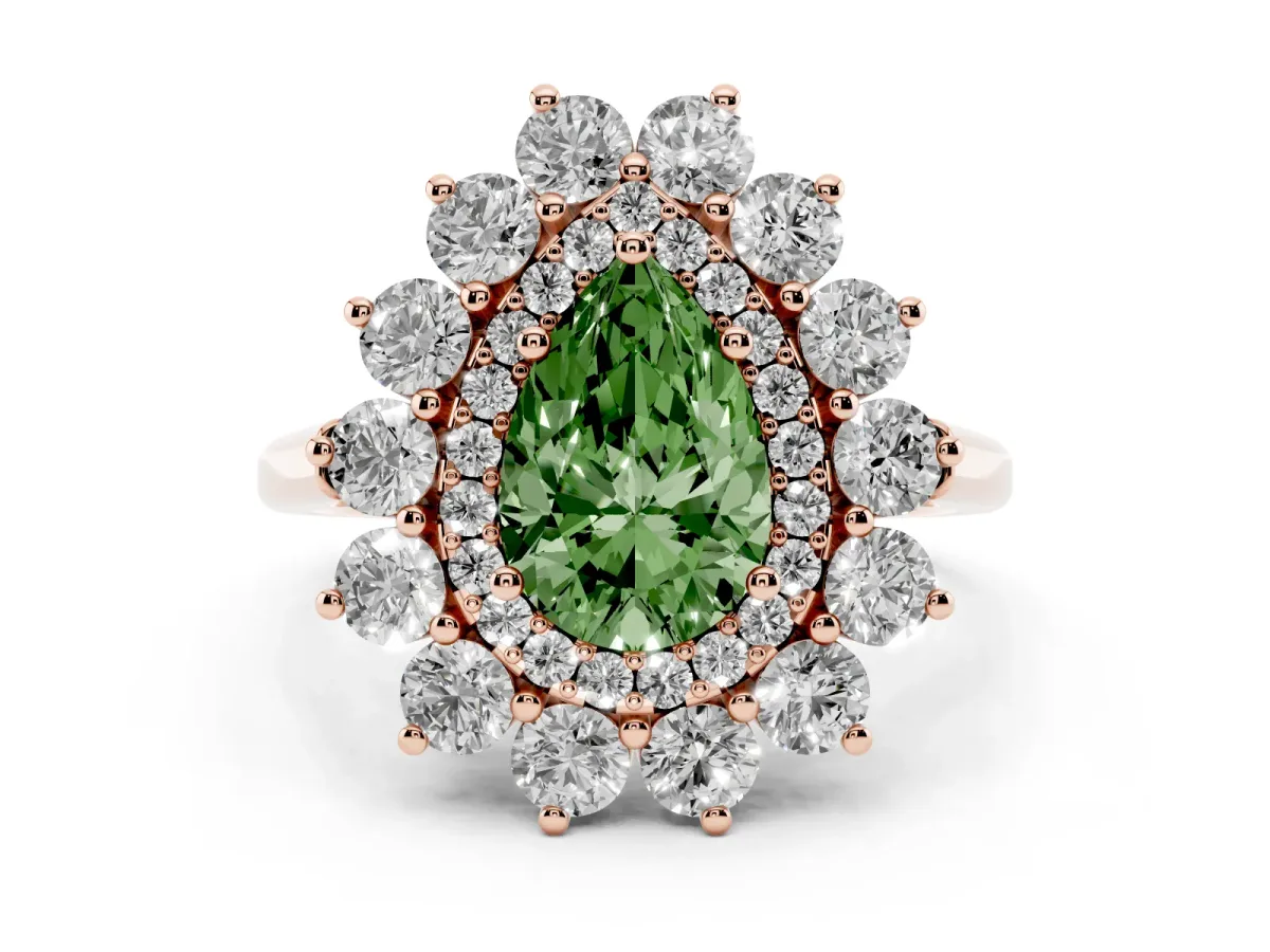Fancy Green Pear Cut Diamond Floral Double Halo Engagement Ring with Prong Setting Rose gold