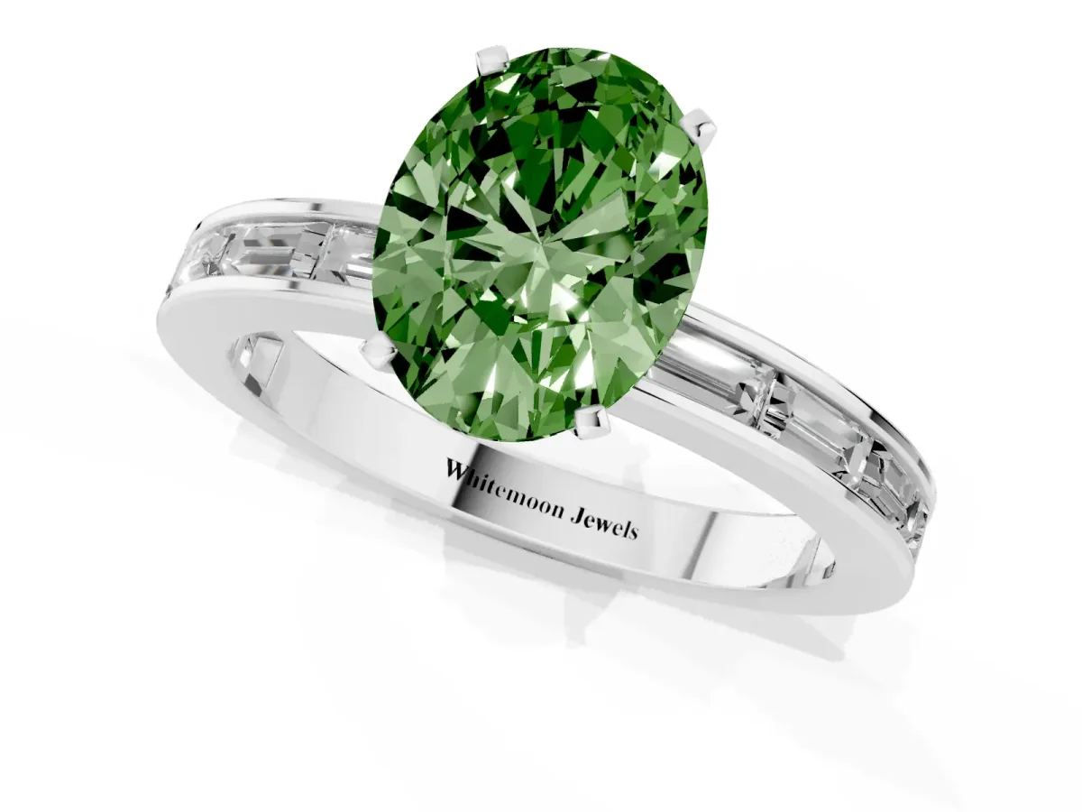 Fancy Green Oval Cut Solitaire Diamond Ring with Channel-Set Baguette Band and Four-Prong Setting White gold