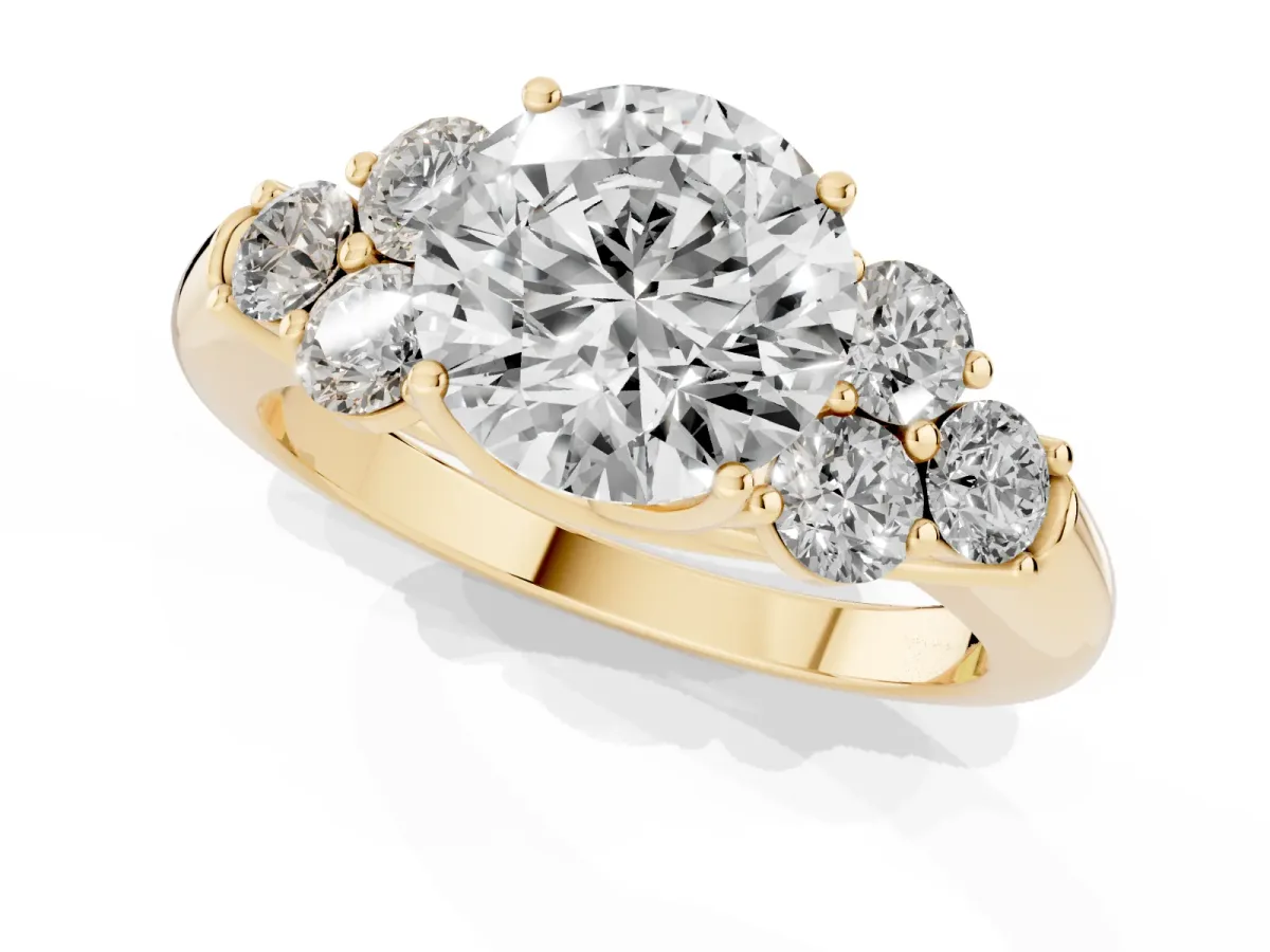 Round Cut Cut Diamond Cluster Ring with Round Accent Stones and Prong Setting on a Classic Band Yellow gold