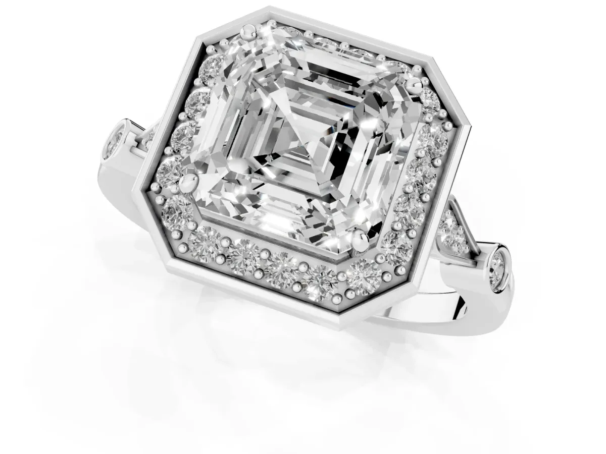 Asscher Cut Halo Diamond Engagement Ring with Twisted Band and Four-Prong Setting White gold
