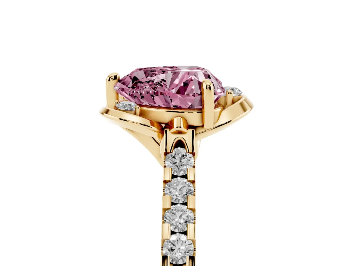 Fancy Pink Heart Cut Diamond Ring with Pavé Band and Floral Prong Setting Yellow gold
